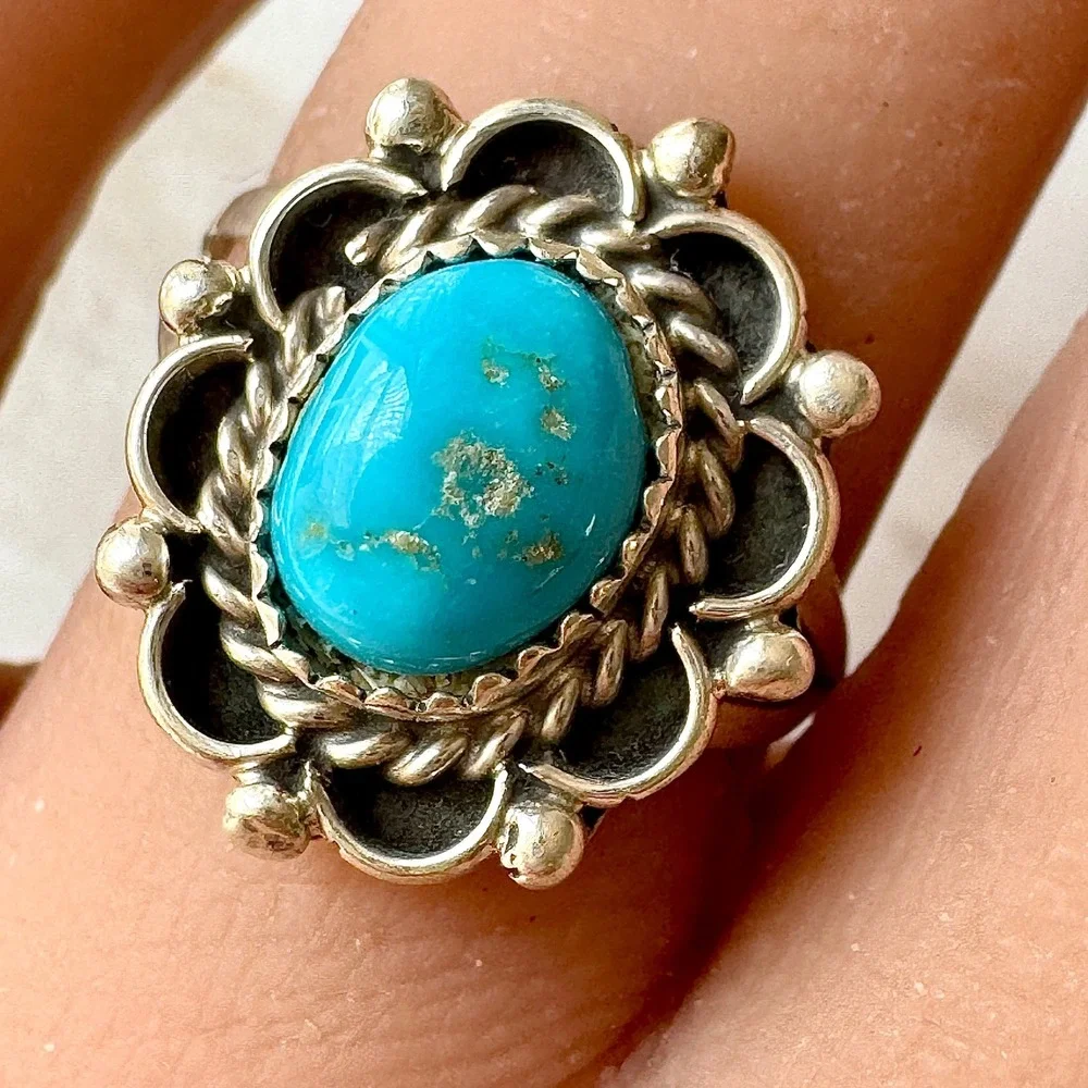 Navajo Flower Ring Turquoise Sz 7 Sterling Silver Signed Morgan Native Amer